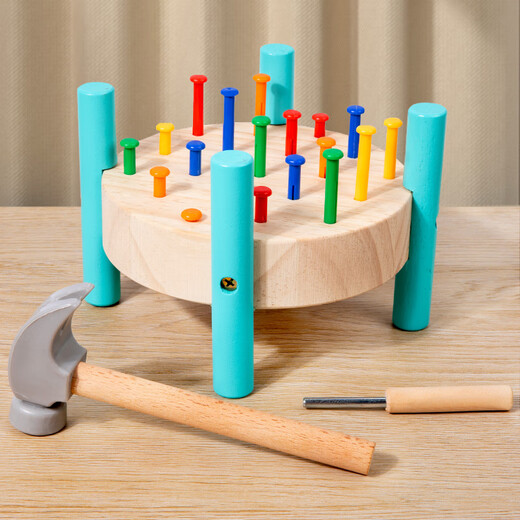 MPPMCK Montessori teaching aids Early education wooden nail knocking hammer pile driving table toys 1-6 year old children concentration training round 5 color nail knocking table [Career teacher]