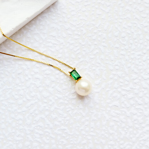 ZHUELLA Freshwater Pearl Vintage Green Zircon 925 Silver Pendant Necklace 7.5-8.5mm