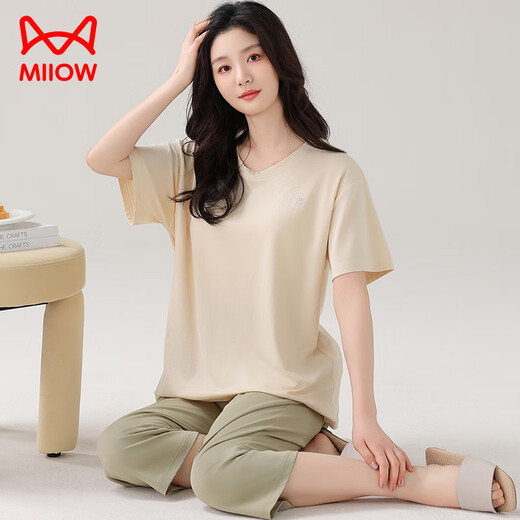 猫人（MiiOW）莫代尔睡衣女夏加肥加大码短袖七分裤夏天薄款宽松套头家居服套装 XP-7027 M