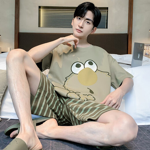 Langsha (Langsha) Pajamas para hombres de verano Algodón puro caricatura de manga corta adolescente para hombres de verano de gran tamaño para el hogar