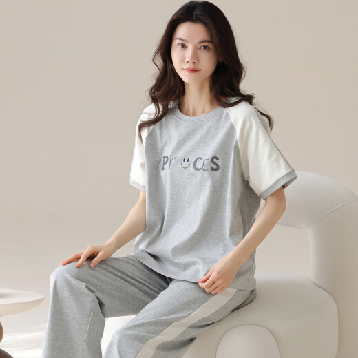 女士短袖纯棉睡衣套装夏季长裤家居服韩版薄款可外穿夏天卡通 Y9717 M (建议75-95斤)