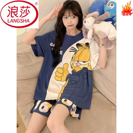 浪莎（LangSha）睡衣女纯棉夏季短袖短裤薄款卡通加大码200斤夏款女士家居服套装 WB短.袖1343 M 小码(80-100斤)