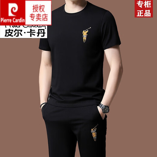皮尔卡丹夏季男士休闲短袖t恤运动套装薄款冰感桑蚕丝中年潮流两件套针织 旗舰官方-黑色两件套【13062】 M 170(建议90-120斤)