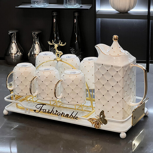 Xibaisheng high-end ceramic water cup set family hospitality cup teapot teacup housewarming wedding gift tea set light luxury water set 9-piece set 681 gift box packaging