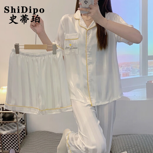 
ShiDipo three-piece ice silk pajamas for women for summer thin 2025 new short-sleeved suit summer imitation silk cool home three-piece set 3887-3 2XL 135-150Jin [Jin equals 0.5 kg]