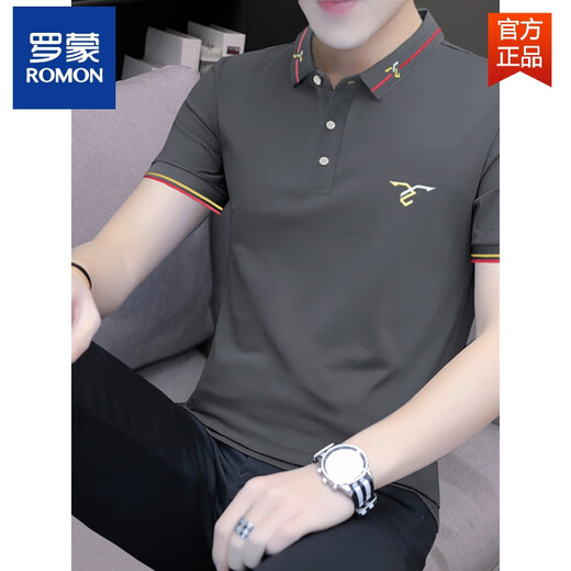 罗蒙（ROMON）翻领碳灰色夏季时尚潮流pol.o衫男装纯棉短袖t恤工作服打底衫 碳灰色S5012款 刺绣翻领 M 85-110斤