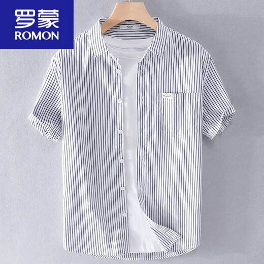 罗蒙（ROMON）夏季薄款短袖T恤男宽松体恤免烫条纹半袖带领口袋上衣夏装 9721白色 M