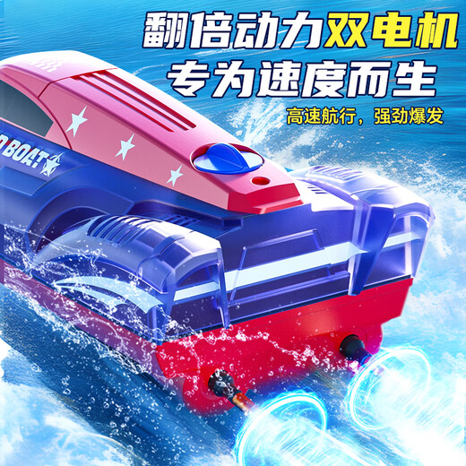Live stone remote control boat high-speed electric remote control speedboat large children's toy boat can launch water yacht boy birthday gift patrol boat blue 33cm glare dual battery + waterproof