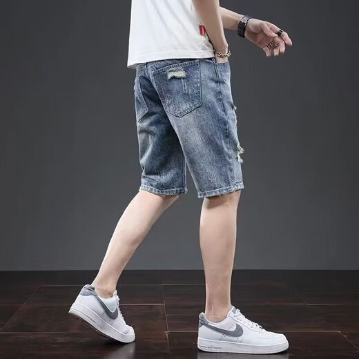 唐号破洞牛仔短裤男夏季薄款宽松直筒五分裤潮牌ins男士休闲5分中裤子 6190蓝色 蓝色 32