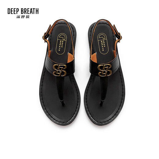 DEEP BREATH深呼吸女鞋牛皮T字带平底度假风夹脚凉鞋女鞋AX14117 黑 37