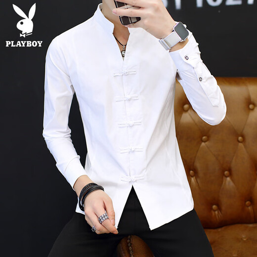 
Playboy (PLAYBOY) long-sleeved T-shirt men's stand-up collar Chinese style buttoned youth top clothes body shirt 2025 spring thin base shirt black 9905 XL