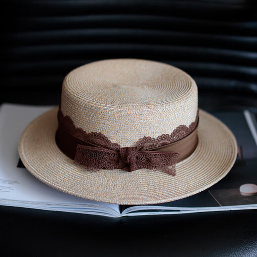 枥野草帽女春夏新款法式平顶帽法式蕾丝花边小平沿遮阳防晒太阳帽 米色 M(56-58cm)可调节