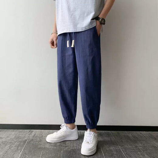 论朴裤子男士夏季薄款潮流休闲裤棉麻夏天男裤潮牌亚麻九分裤束脚裤男 黑色【直筒亚麻裤】 M