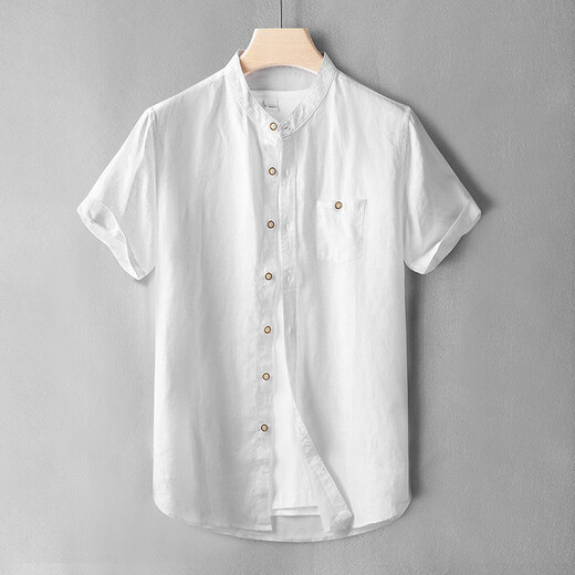 DK brand men's 100% pure linen short-sleeved shirt for men's Chinese stand-up collar summer breathable thin all-seed shirt White XL (suitable for 145~160 Jin [Jin equals 0.5 kg])