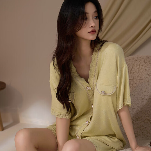 莫代尔睡衣女莫代尔夏季甜美性感蕾丝开衫带胸垫夏天短袖小香风两件套薄 3527 L
