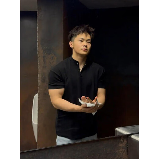 Katuchi light gray Henry collar short-sleeved men's waffle T-shirt bottoming shirt showing muscle fitness American retro polo shirt black 2XL