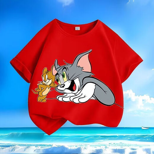 Cat and mouse summer new cartoon short-sleeved T-shirt for men and women, small and medium-sized children, pure cotton round neck, loose and versatile - SL black - KX683 Cat and mouse 150 [Suggested height 140-150 cm]