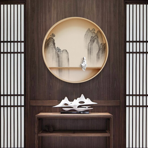 Shangjin Meishe New Chinese style entrance decorative painting tea room Zen solid wood round hanging painting living room corridor landscape painting ink painting J style - Jingyouxinsheng version diameter 60cm