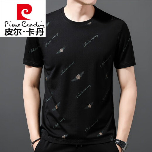 皮尔卡丹（pierre cardin）男士短袖t恤虎头2025新款夏季新款冰.丝圆领宽松上衣半袖男潮体恤 719植物黑色 M 165/ 建议95-120斤