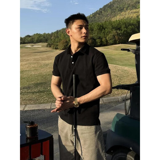 gtla白色立领polo衫短袖男美式痞帅翻领t恤运动健身重磅半袖 黑色升级款 2XL  建议150-165斤