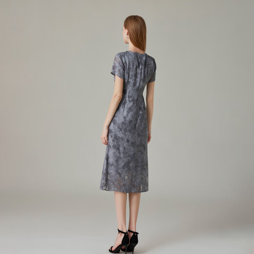Classic Story (JANE STORY) 2025 new summer design chiffon dress women's high-end generous skirt French waist-hugging long skirt gray blue flower L