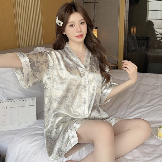 Langsha Pyjamas Frauen National Trend Style Home Clothes Zweiteilige Sete für Frauen Sommer Neue Kurzärärmelgedruckte Lose Losgröße Pyjamas Set 829# Doppel-Bastel-Square Letters L.