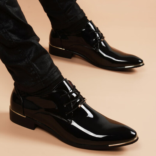 NEWMDER International Brand Luxury Men's Leather Shoes Men's Pointed Toe Bright Leather Business Casual Formal Breathable Inner Height Leather Shoes High-end Black Inner Height (Ready Stock) 41