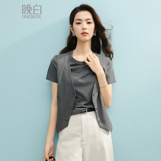 Spätes Weiß [neues Produkt] 2025 Sommer-vielseitiger Oberteil mit einem zweiteiligen T-Shirt von Baumwollstil für Frauen grau m