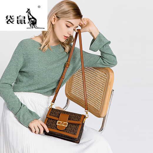 袋鼠（KANGAROO）斜挎小包女2024新款潮夏季时尚老花邮差包简约百搭复古拼色小方包 棕色