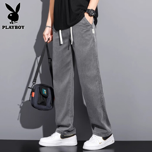 花花公子（PLAYBOY）冰丝牛仔裤男士休闲裤夏季款宽松直筒阔腿长裤子男裤 1048 蓝色 M 推荐90-110斤
