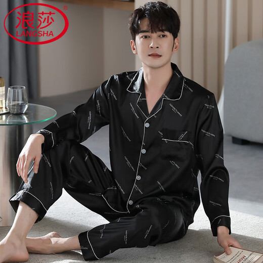 LangSha Spring and Autumn Pajamas Men's Long Sleeve Ice Real Silk Thin Home Suit Men's Light Luxury Style Summer Set M6630 L [-140Jin [Jin equals 0.5 kg]]