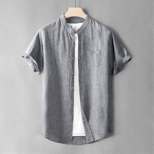 DK brand men's 100% pure linen short-sleeved shirt for men's Chinese stand-up collar summer breathable thin all-seed shirt White XL (suitable for 145~160 Jin [Jin equals 0.5 kg])