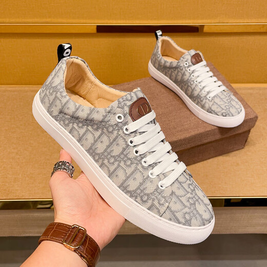OLJ men's shoes 2025 summer new trendy brand canvas shoes lightweight soft-soled printed men's shoes breathable and versatile casual shoes men's gray (leather shoes size is one size larger) 38