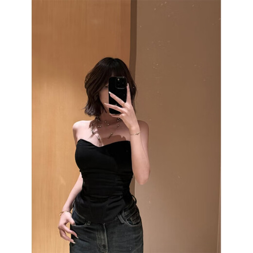 Chuangjingyi elige un top de tubo negro para el verano, top corto sin hombros adelgazante para chica caliente, negro S