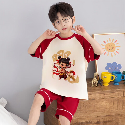 Disney 2025 neuer Sommerjunge Pyjama Kurzärärmelte Nezha Kinder Jungen Baby Medium und große Jungen Home Kleidung Set F-810# Red Nezha 100 [Höhe 1105-115 cm]