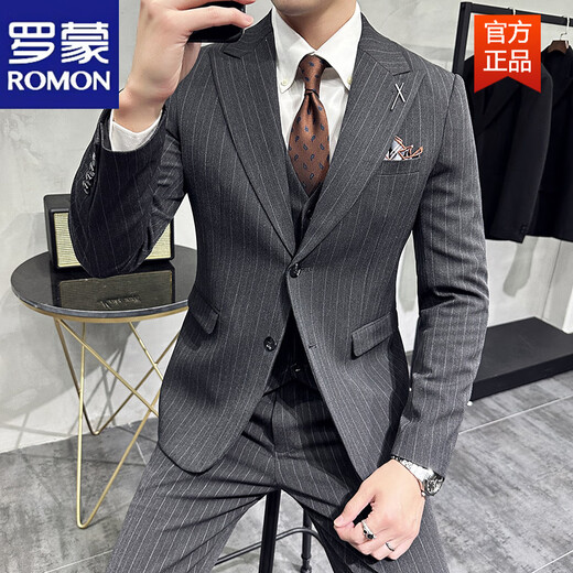 ROMON wide collar peaked lapel striped suit formal double slit wedding groom suit men's slim brown double-breasted suit + black shirt + vest + S suitable for 85-95 Jin Jin equals 0.5 kg
