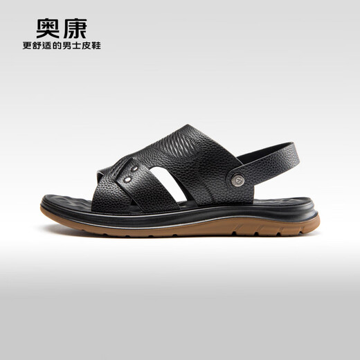 奥康（Aokang）官方男鞋 2024夏季新款时尚休闲凉鞋男真皮软底舒适透气沙滩鞋 黑色1243721145 39