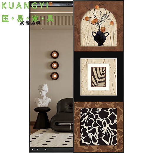 Kuangyi medieval style hidden full-length mirror can be closed wall-mounted contact lens mural push-pull mirror porch decorative painting Yatu C mirror painting 50*140cm light luxury gold right push-pull high crystal porcelain