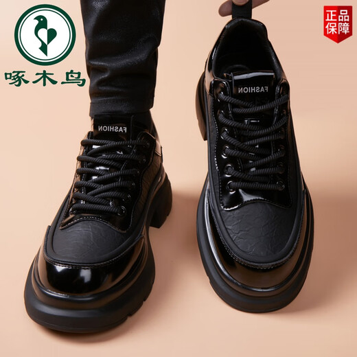 Woodpecker Leather Shoes Men's 2025 New Genuine Leather Young Men's Sports Men's Casual British Style Business Black Soft Leather Trendy Shoes Black Ordinary Style 38