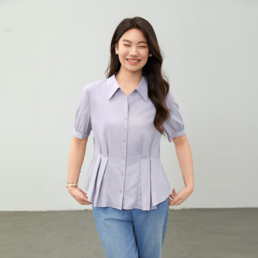 纤莉秀【轻纱云烟】欧若风压褶设计感翻领衬衫大码女装胖mm夏新款1289 紫色 3XL