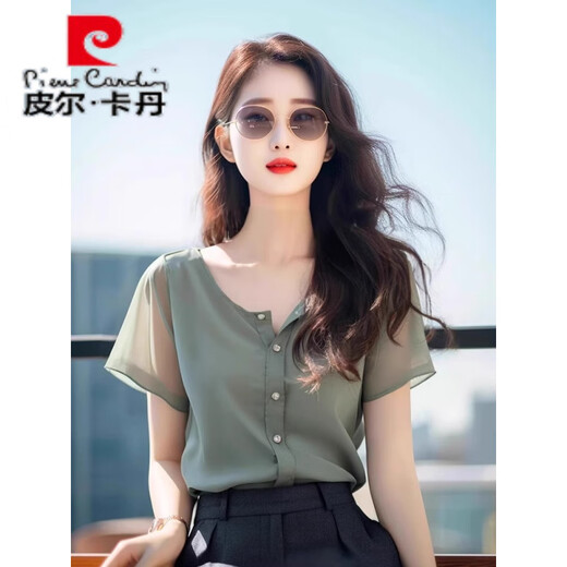皮尔 卡丹2025夏季今年流行漂亮小衫遮肚子独特别致军绿色雪纺衬衫上衣女士 6196-军绿色 S 【建议80-95斤】