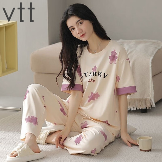 
VTT pajamas for women in summer pure cotton short-sleeved trousers thin cotton summer round neck home clothing set can be worn outside V short-sleeved trousers: YZT9720 M