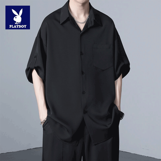 Playboy short-sleeved shirt men's spring and summer thin ice silk cool loose trendy brand Hong Kong style handsome casual drape long shirt 10313/24175 white L
