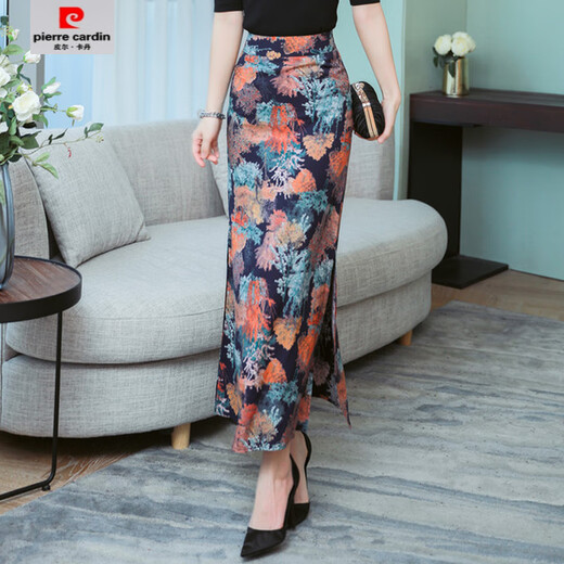Pierre cardin ice silk floral high waist hip skirt side slit long floral skirt summer new large size one-step long skirt women 854 floral ice silk S