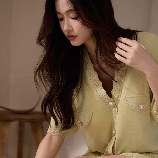 莫代尔睡衣女莫代尔夏季甜美性感蕾丝开衫带胸垫夏天短袖小香风两件套薄 3527 L