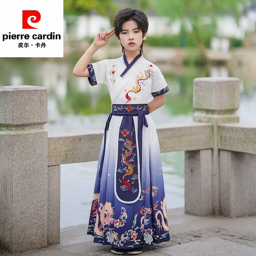 Pierre cardin Hanfu boys summer 2025 new ancient costume boys short-sleeved Chinese style thin children's ancient style Chinese language performance costume MS-9858 [Blue Dragon] Pay attention to priority delivery 120 [weight 32-40 Jin [Jin equals 0.5 kg]]
