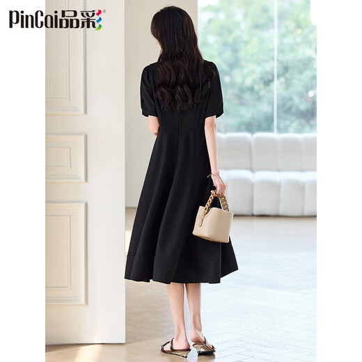 Robe Pincai pour femmes French Hepburn Style Robe noire haut de gamme A-line manche courte robe longue p52q069