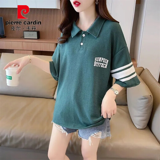 皮尔卡丹夏季新款短袖T恤女POLO领宽松半袖绣花中长款华夫格百搭休闲衣潮 yg-9926灰色 M 【80-110斤】