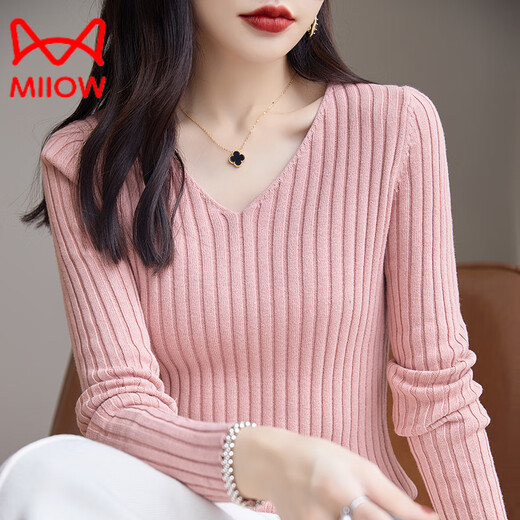 猫人（MiiOW）轻奢修身全棉恤女长袖纯棉领短款上衣春装内搭外穿针织打底衫秋 白色 S