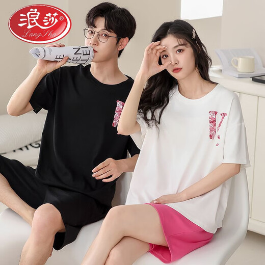 浪莎（LangSha）情侣睡衣纯棉短袖短裤夏季男女甜美可爱卡通大码可外穿家居服套装 旗舰店-687 L 单女